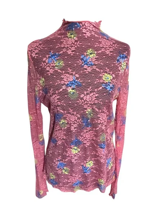 Umgee Coral Floral Lace Mock Neck Long Sleeve Top-Medium-NWOT - Picture 5 of 10
